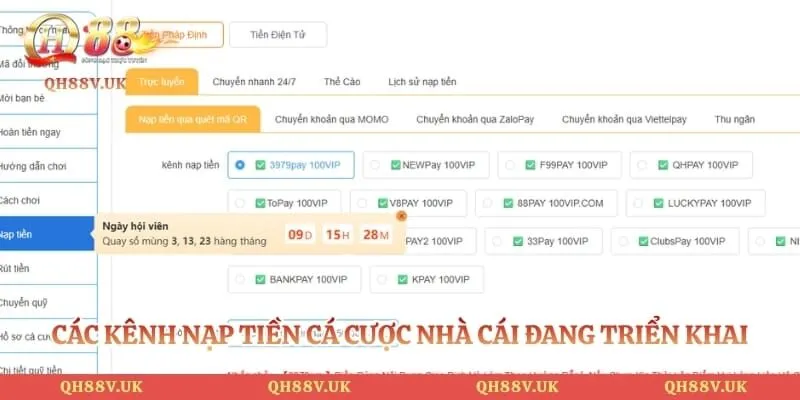 Nạp Tiền QH88 - Chuyển Vốn Cá Cược Siêu Tốc, An Toàn 2 Các kênh nạp tiền cá cược nhà cái đang triển khai cho hội viên